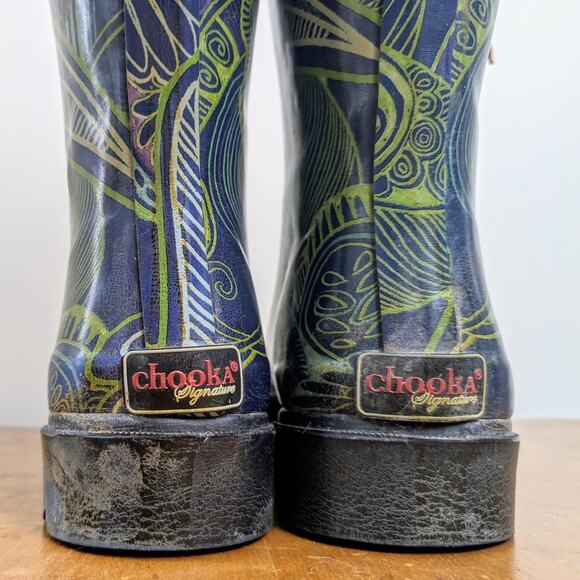Chooka Invasion Peacock Pattern Green/Blue Rain Boot, All Natural Rubber-7 - Picture 6 of 11